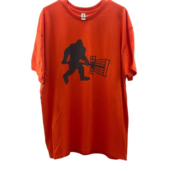 Disc Golf Shirt SASQUATCH Carrying BASKET Vinyl Custom Logo XL T-Shirt ORANGE - Picture 1 of 7